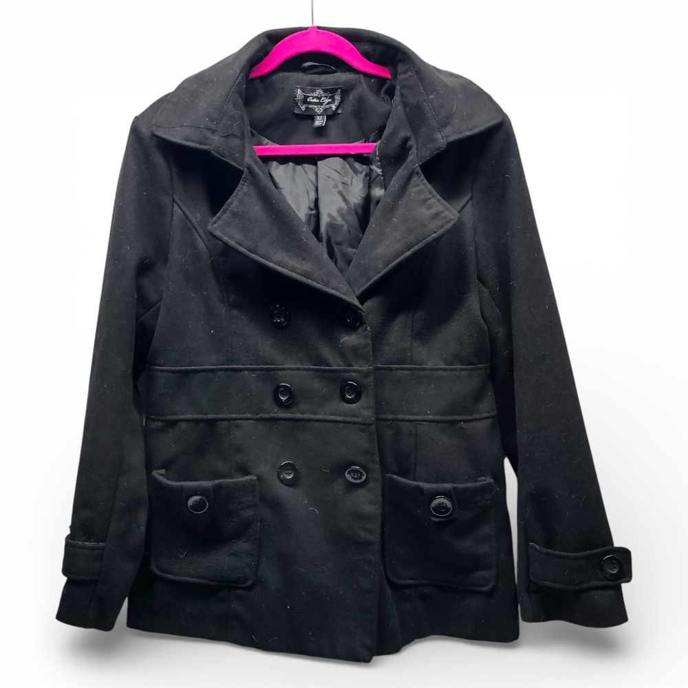 Outer Edge Pea Coat Women XL Black Good Hooded Double‎ Breasted Jacket